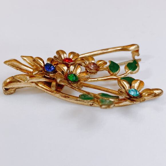 Vintage 1940s Brooch Wishbone Floral Rhinestone Enamel Mid Century Gold Tone Pin - Picture 4 of 10